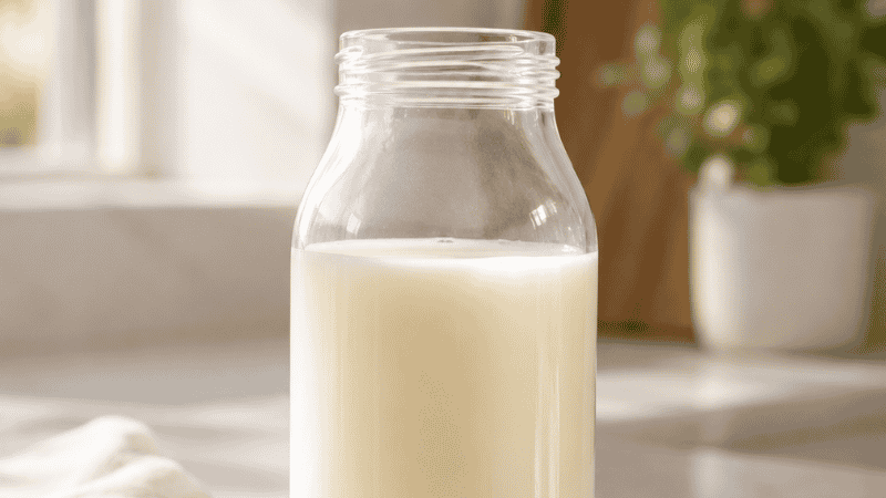 Freshly expressed breast milk in a clear glass bottle on a clean white surface in natural light