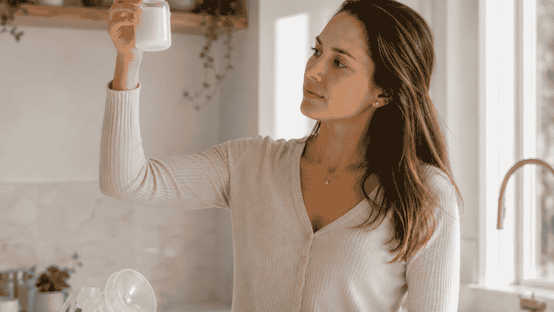 A mother standing at a kitchen counter looking thoughtfully at a breast milk bottle, deciding whether it is still safe to use