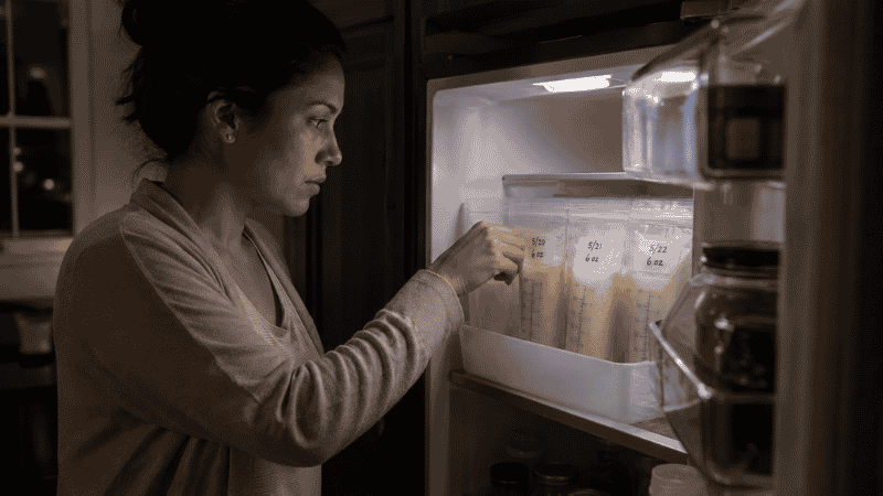 A parent opening a refrigerator to check breast milk storage bags after a power outage