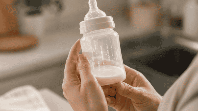 A parent looking at a partially finished baby bottle after a feeding, deciding what to do with the leftover breast milk