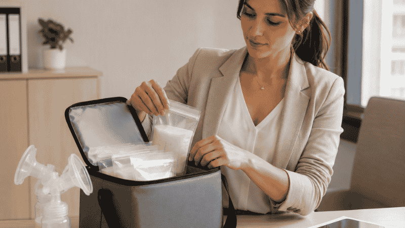 A working mother storing labeled breast milk bags in an insulated cooler bag at the office