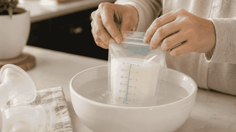 A parent placing a frozen breast milk bag in a bowl of warm water to thaw safely