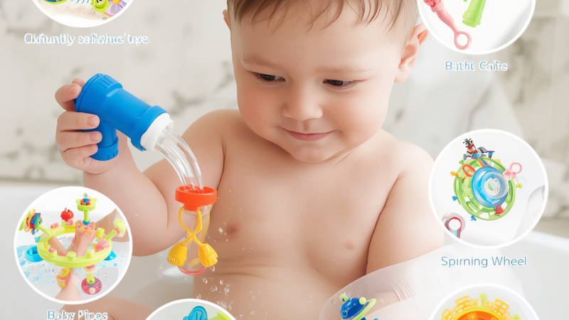 A toddler playing with recommended baby bath toys like water pipes and spinning wheels.