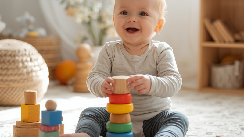 A 9-month-old baby playing with non-toxic wooden stacking baby toys.