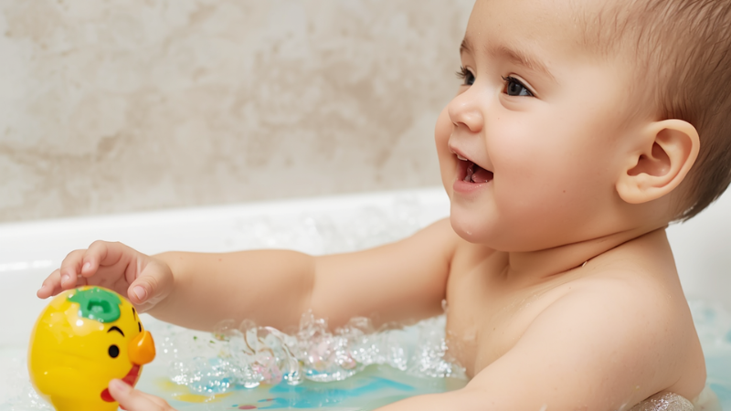 An infant reaching for colorful, non-toxic baby bath toys to develop fine motor skills.
