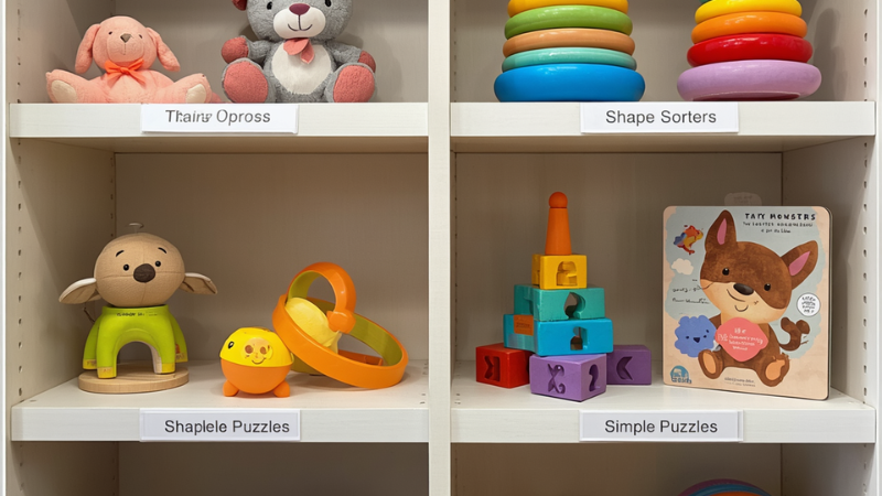 A curated minimalist shelf of developmental baby-toys for different age stages.