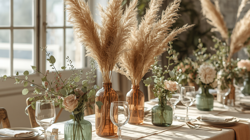 A high-end baby shower party setup, 2026 aesthetic trend, boho botanical theme, sage green and terracotta color palette, dried pampas grass and eucalyptus centerpieces, unbleached linen texture, natural morning sunlight, 8k resolution, photorealistic, interior design photography.