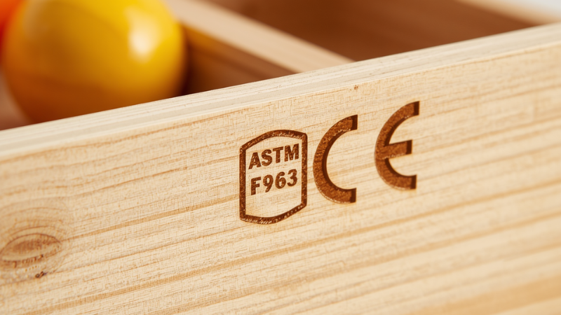 Close-up of ASTM F963 and CE safety certification marks on a wooden baby toy box.