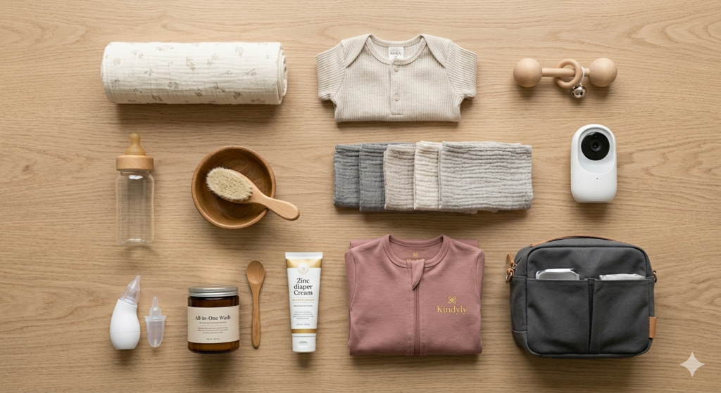 Flat lay of 12 newborn essentials including glass bottles, organic cotton onesies, and non-toxic baby wash by Kindyly.