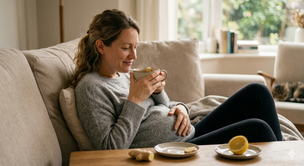 Pregnant woman resting with ginger tea to soothe 8 week morning sickness