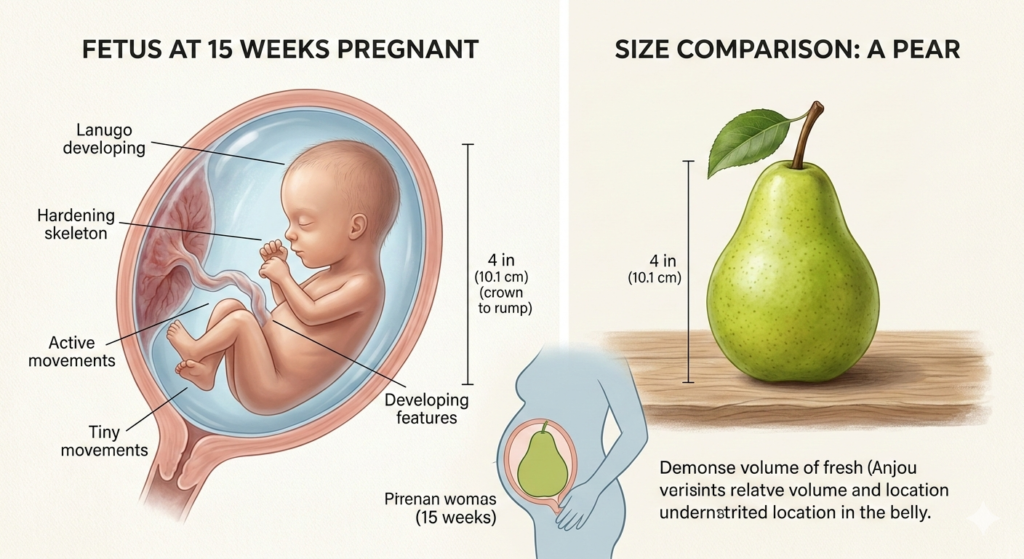 Fetal development at 15 weeks pregnant compared to a pear