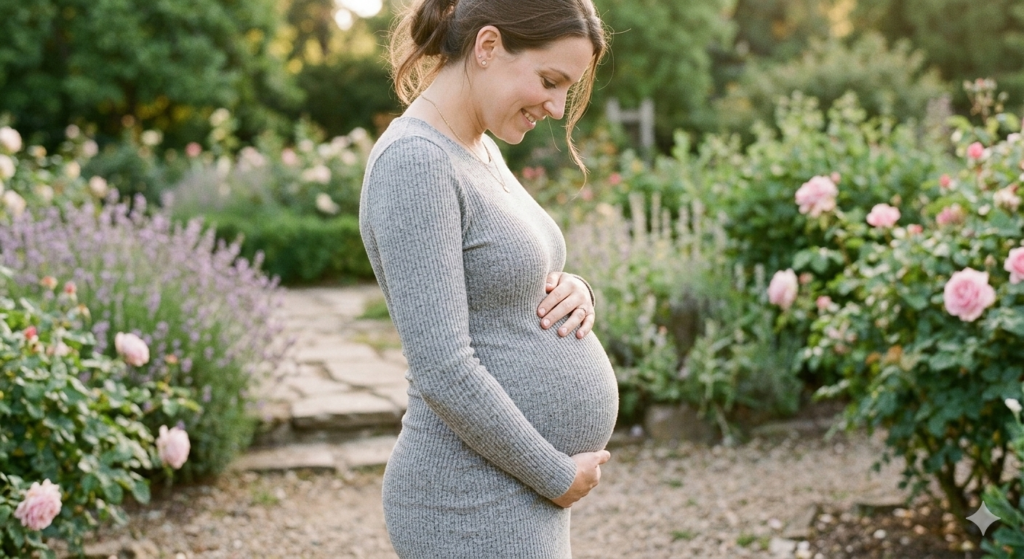 Side view of a 15 weeks pregnant belly showing a visible bump