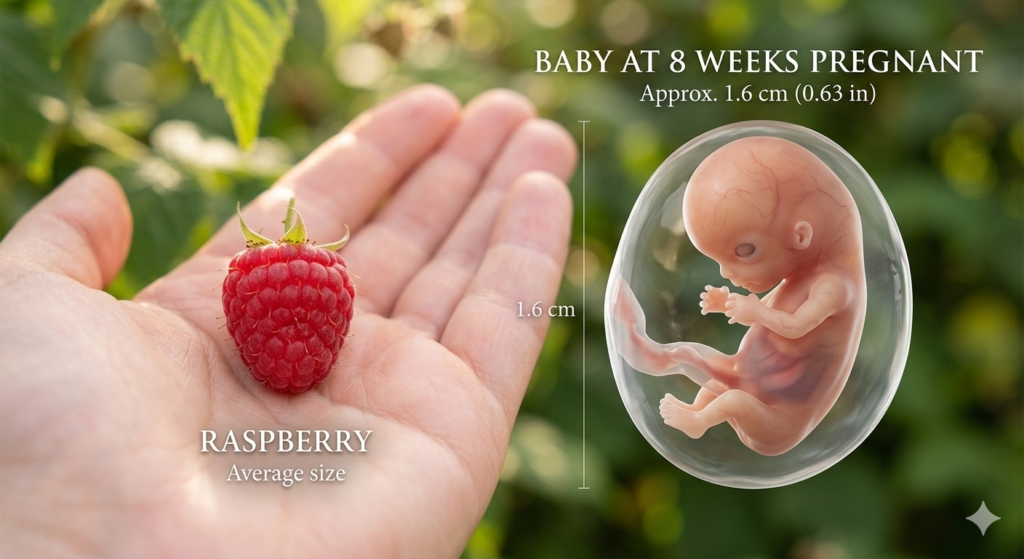 Illustration of baby size at 8 weeks pregnant compared to a raspberry