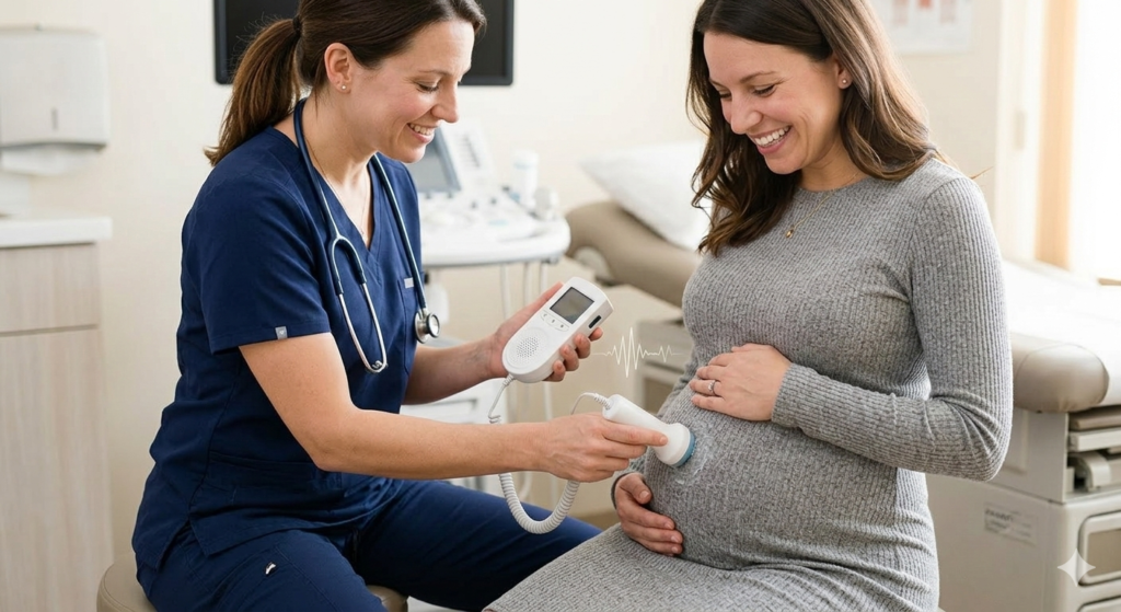 Doctor using a Doppler on 15 weeks pregnant bump to hear baby heartbeat