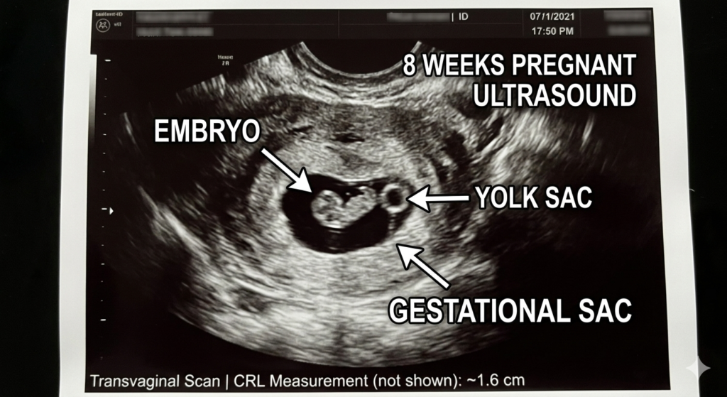 Standard 8 weeks pregnant sonogram showing fetal pole and heartbeat flicker