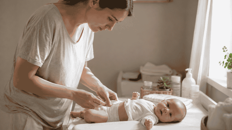 A parent looking concerned while checking their baby's diaper, noticing signs of constipation