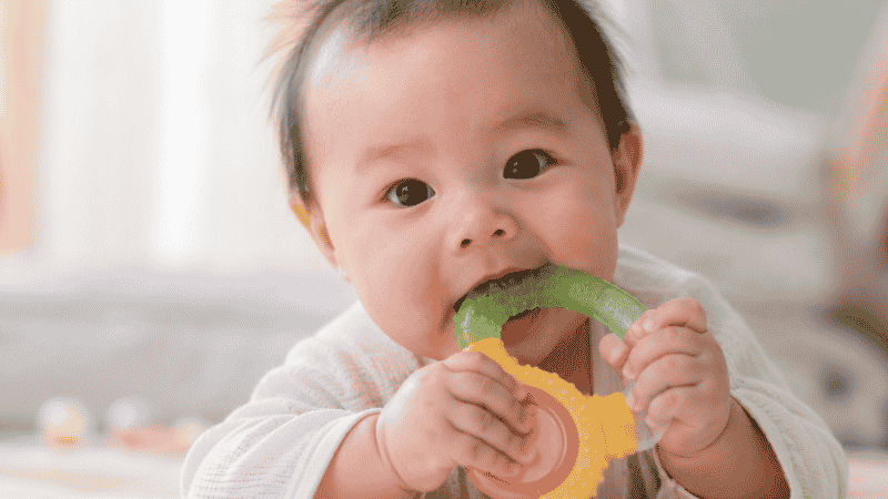 A baby happily chewing on a chilled firm rubber teething ring to soothe teething pain