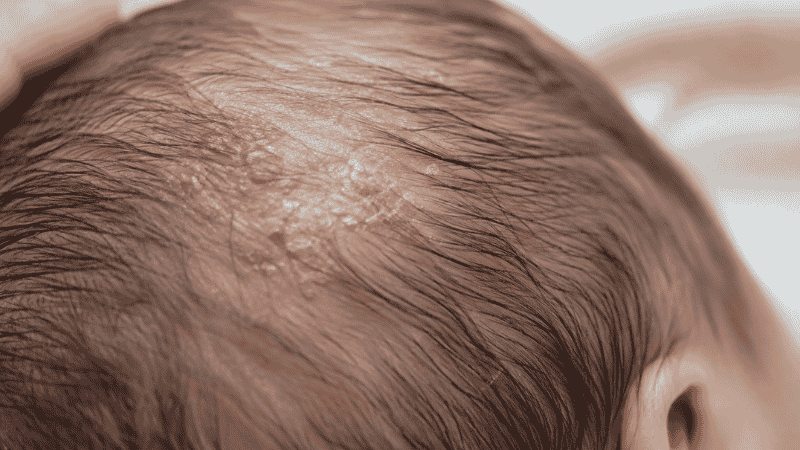 Close-up of a newborn baby's scalp showing typical yellowish flaky cradle cap patches