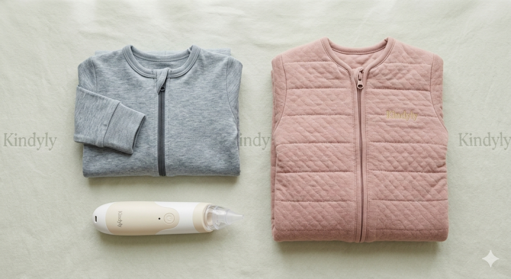 Minimalist newborn essentials featuring a zippered onesie, nasal aspirator, and Kindyly sleep sack on a soft neutral background.