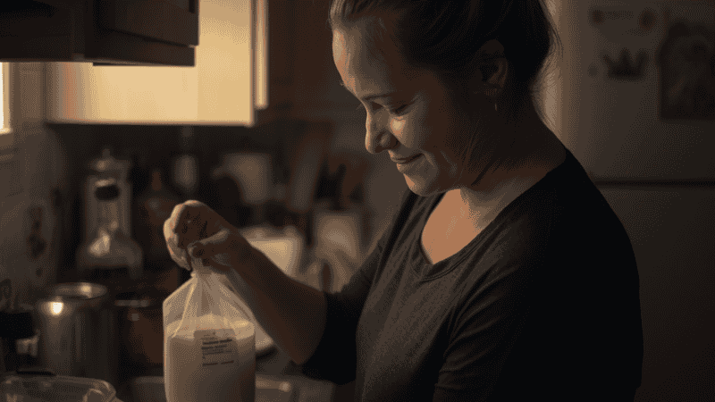 A mother was working in the kitchen late at night, using a marker to clearly write the date and the amount of milk on the label of the milk storage bag.