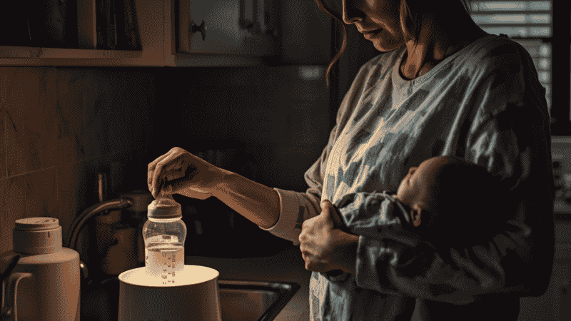 A tired but calm parent was using a warming milk device to heat breast milk in the kitchen late at night. The scene was softly lit, highlighting the convenience of the warming device in nighttime feeding.