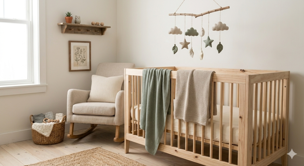 A sustainable baby nursery with a raw wood crib, organic cotton blankets in sage green, and eco-friendly linen decor.