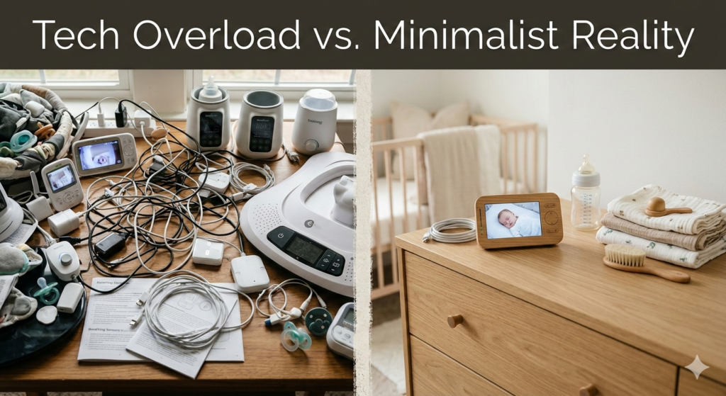 Comparison of a cluttered desk with excessive baby gadgets versus a clean minimalist nursery space.