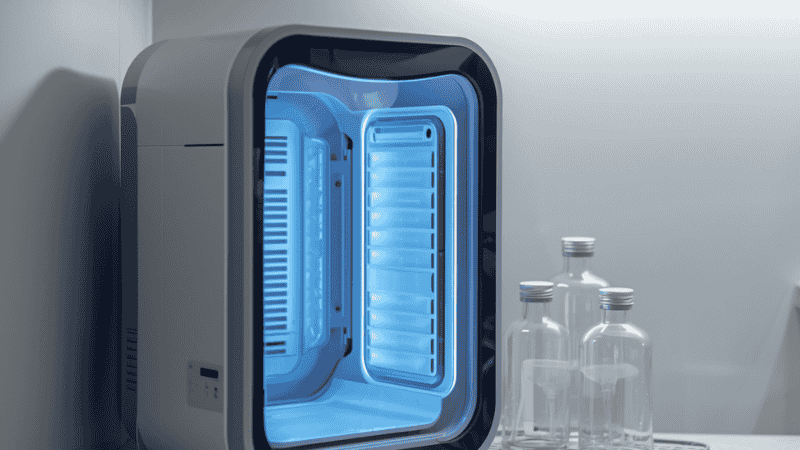 On the kitchen countertop, there is a running ultraviolet baby bottle disinfection cabinet. Inside, glass baby bottles are neatly arranged, demonstrating the efficient and water-free disinfection method used in modern households.