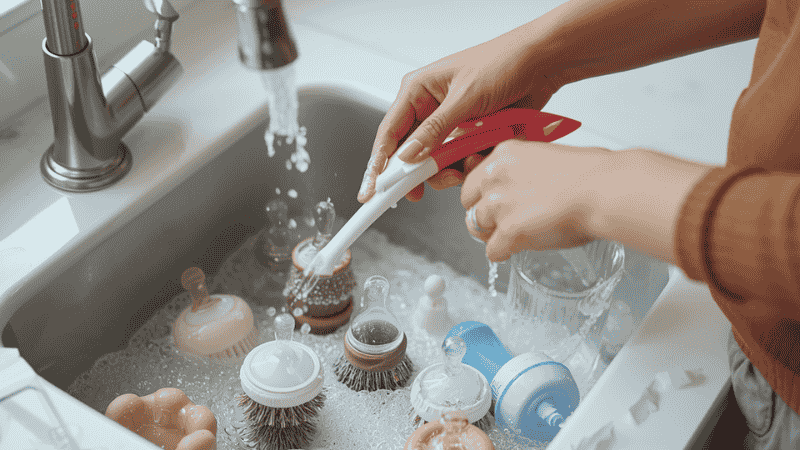 A parent is using dish soap and a baby bottle brush in the sink to thoroughly clean the baby bottle, demonstrating the crucial step of removing any remaining milk residue before disinfection.
