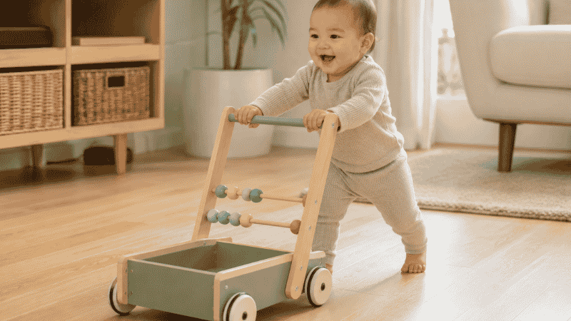 A baby using a safe push toy walker to practice walking upright across a living room floor