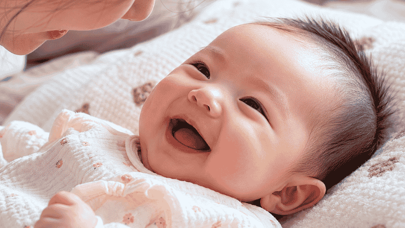 A baby around 8 weeks old giving their first real social smile to a parent making a funny face