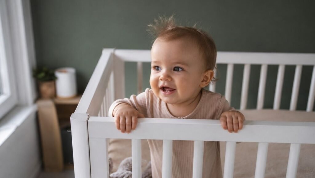 A baby around 12 months old fighting their nap during the 12-month sleep regression and nap transition period