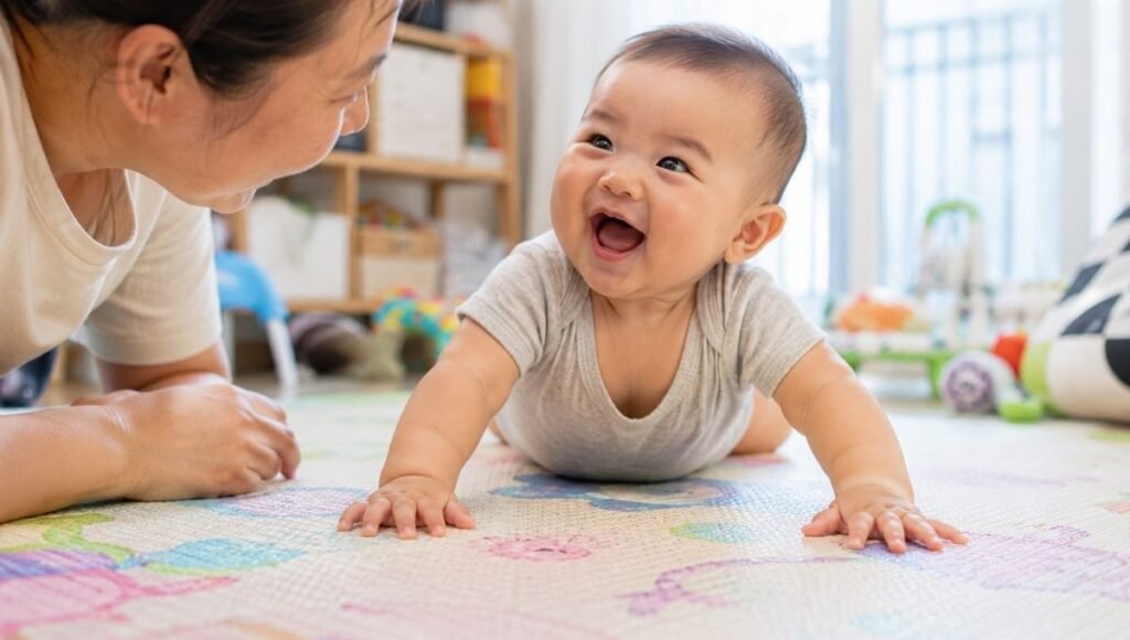A baby around 5 months old on their tummy during tummy time pushing up on their arms and laughing