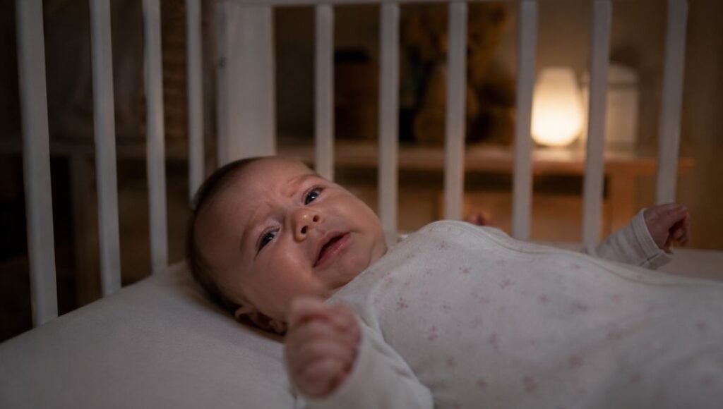 A baby around 4 months old awake and crying in their crib during a typical 4-month sleep regression night waking