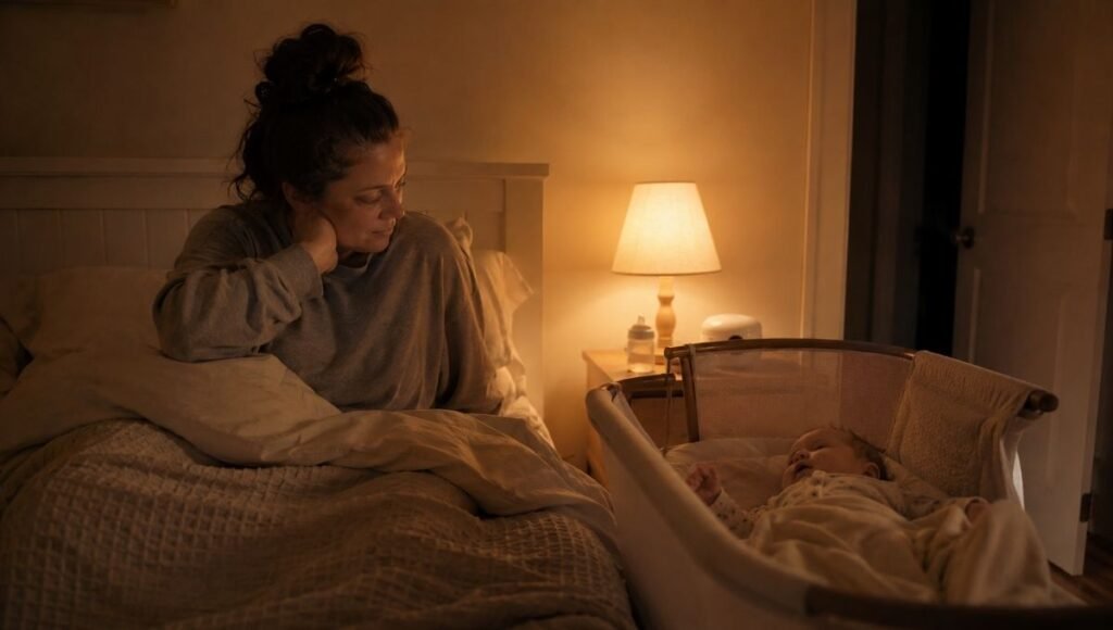 An exhausted parent sitting up in bed at night checking on their baby who has woken up again during the 4-month sleep regression