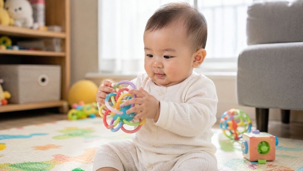 A baby around 7 to 8 months old sitting independently and exploring an object with both hands