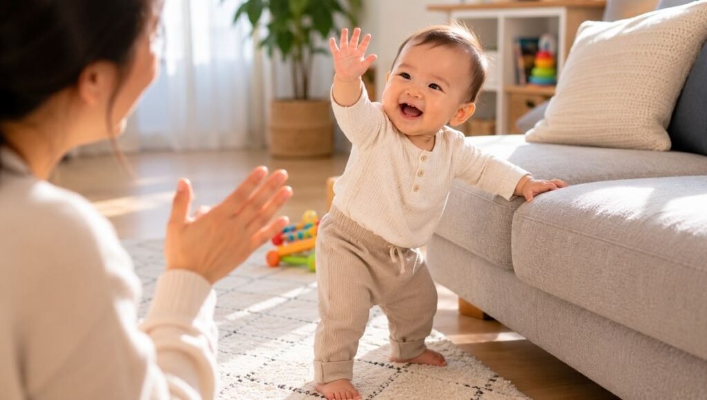 A baby around 11 months old pulling up to stand and cruising along a couch while waving at a parent