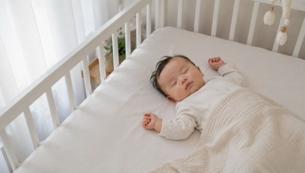 A baby around 6 to 7 months old sleeping peacefully on their back in a white firm crib during a morning nap, soft daylight filtering through curtains, calm nursery setting, lifestyle photography style, photorealistic, no text, no watermark