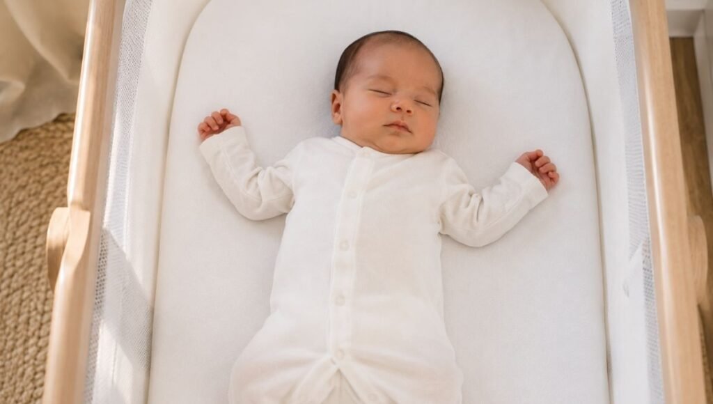 A newborn baby placed correctly on their back for sleep in a bassinet following AAP safe sleep guidelines