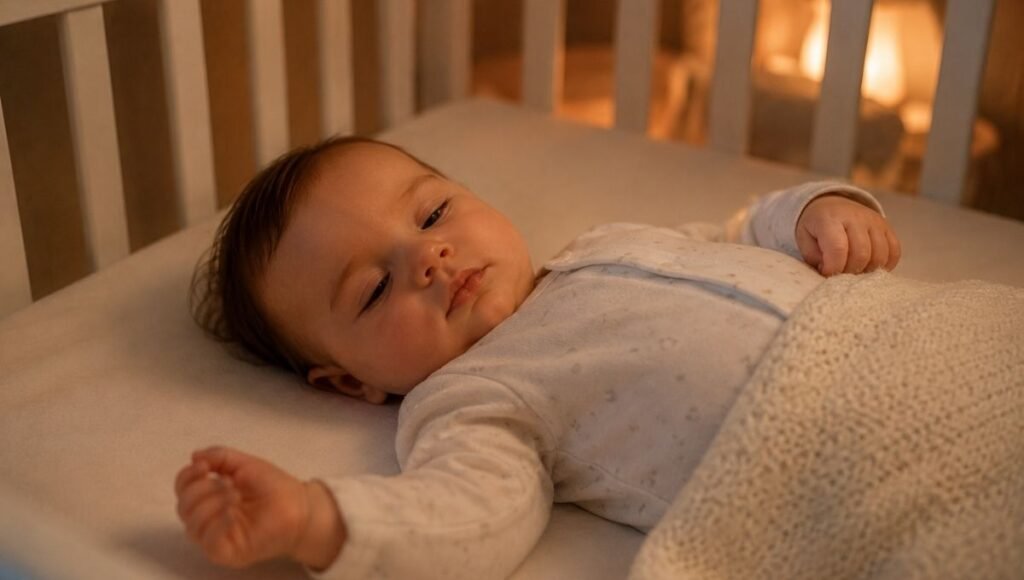 A baby lying awake in a crib learning to fall asleep independently during sleep training