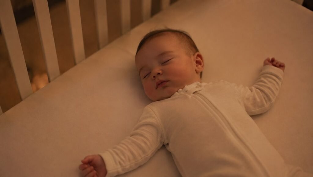 A baby sleeping peacefully through the night in a safe crib with just a fitted sheet, showing healthy consolidated sleep