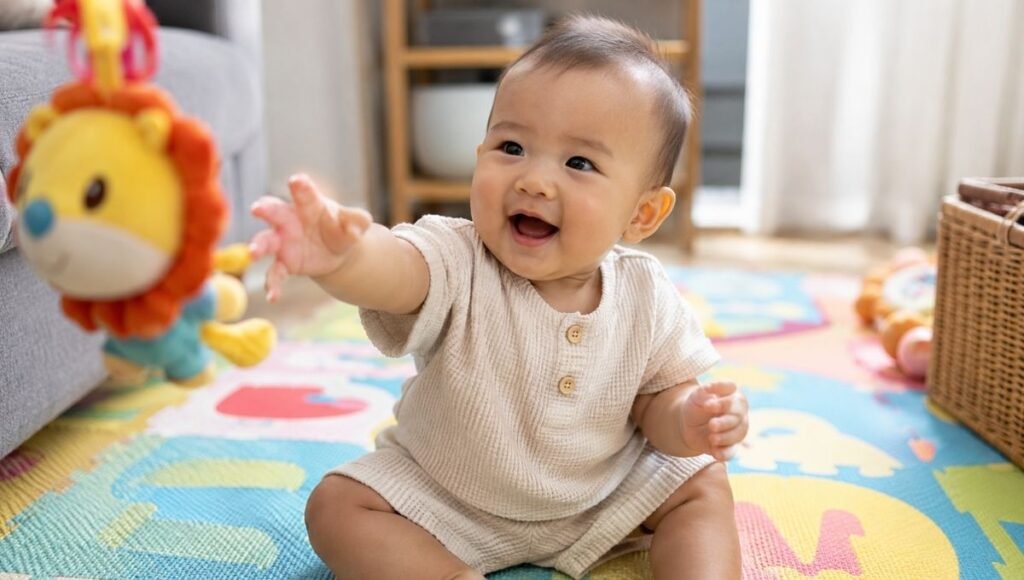 A series of babies at different ages showing key developmental milestones from newborn to 12 months