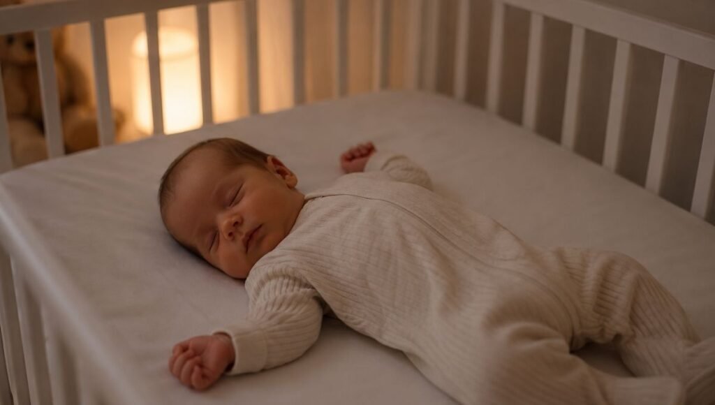 A newborn baby sleeping peacefully on their back in a safe white crib, representing the complete guide to baby sleep in the first year