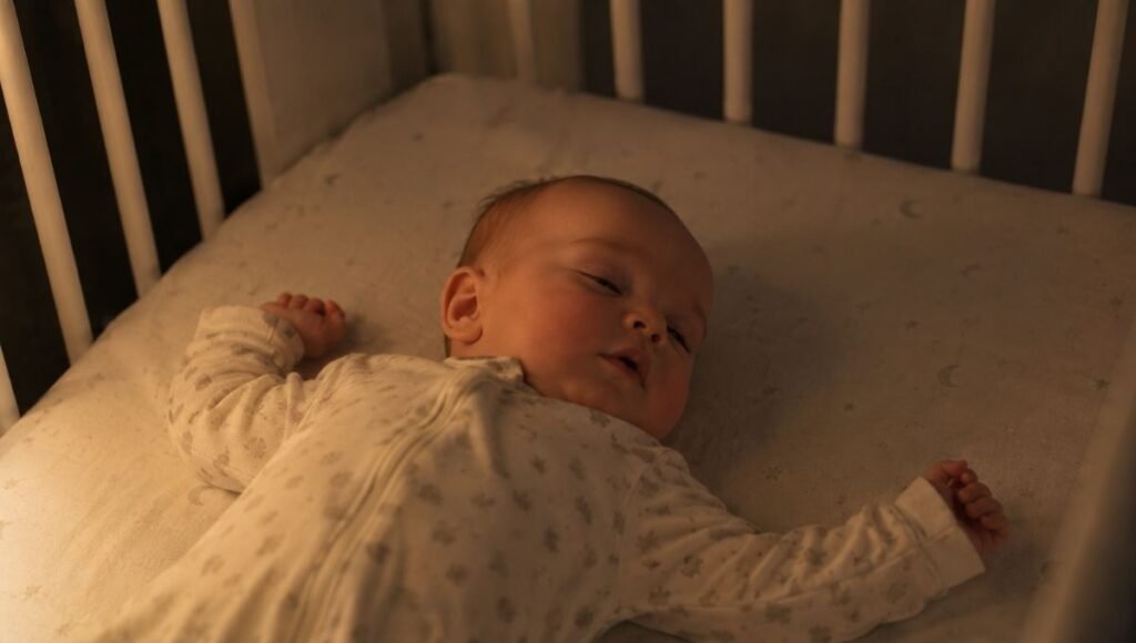 A baby sleeping lightly in a crib at night, showing the lighter sleep stage characteristic of the 4-month sleep regression