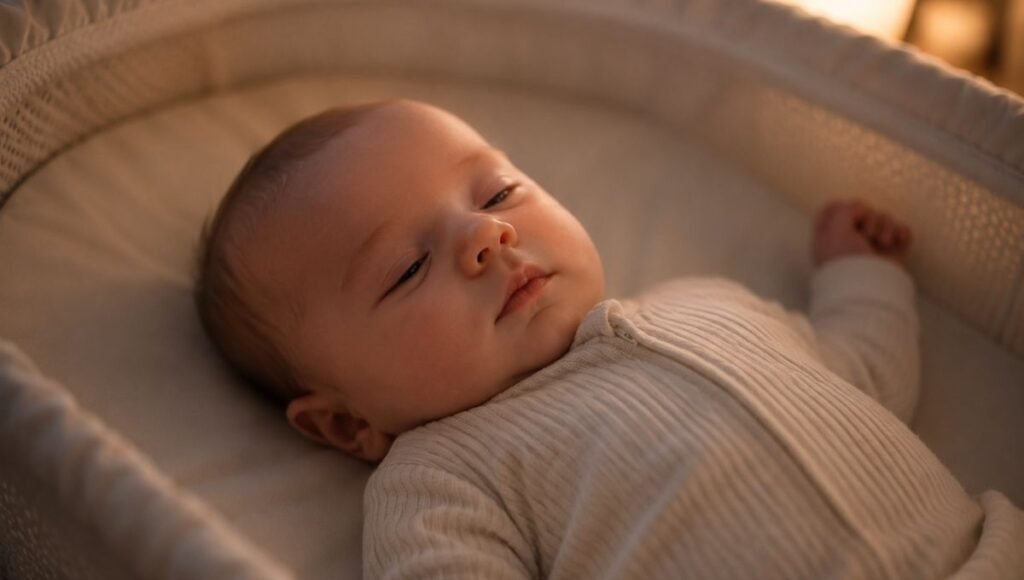 A baby in light sleep between sleep cycles, showing the shorter and more active sleep patterns typical of infants