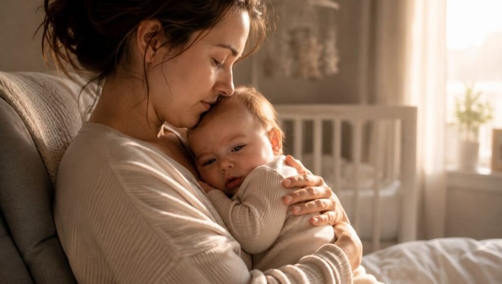 A parent holding their baby tenderly after a difficult night during a sleep regression showing love and patience