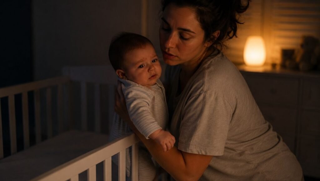 A parent reading a board book to their baby as part of a consistent calming bedtime routine to support healthy sleep