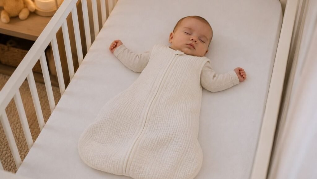 A baby wearing a safe wearable sleep sack as a blanket alternative in their crib