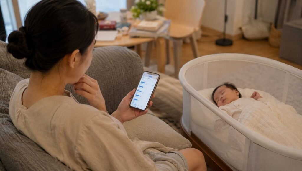 A parent sitting on a couch looking thoughtfully at their phone screen showing a sleep schedule app or notes, baby sleeping peacefully in a white bassinet nearby, soft warm natural home lighting, relatable and realistic lifestyle photography, photorealistic, shallow depth of field, no text, no watermark