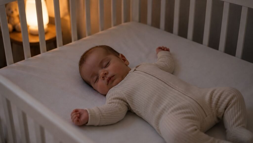 A baby around 6 months old sleeping deeply through the night in a safe crib, showing healthy consolidated sleep